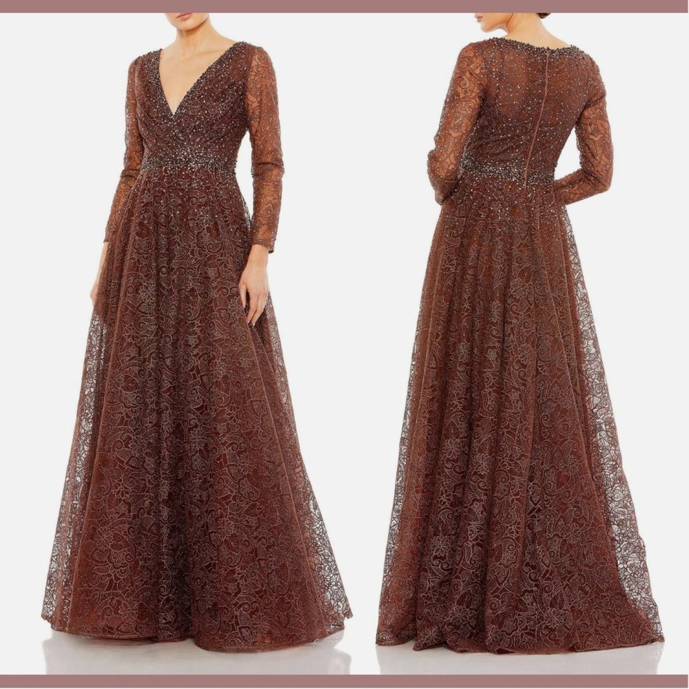 NWT $798 Mac Duggal [ 8 ] Embellished Long Sleeve‎ V Neck Gown in Chocolate
